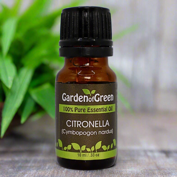 citronella Garden of green essential oil front view sitting on a wood table with a leaf on the lower left hand side. green background with sun shining through the top left.