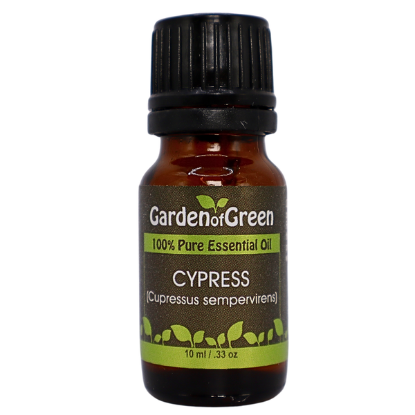 cypress essential oil front view on a white background