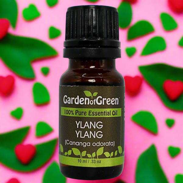 Ylang Ylang Garden of green essential oil front view sitting with red and green hearts around it with leaves laying around
