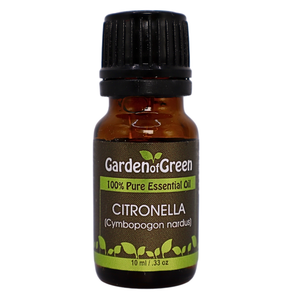 Citronella essential oil in amber glass bottle, family-crafted aromatherapy oil, front view on white background