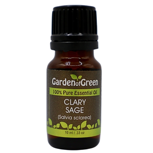 Clary Sage essential oil in amber glass bottle, family-crafted aromatherapy oil, front view on white background