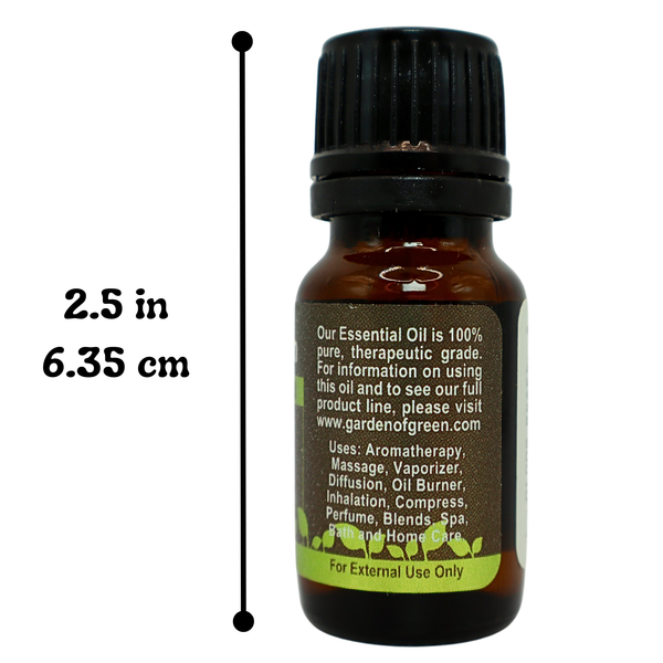 garden of green's single note essential oil side view on white background. Our essential oil is 100% pure, therapeutic grade. uses: aromatherapy, massage, vaporizer, diffusion, oil burner, inhalation, compress, perfume, blends spa, bath and home care