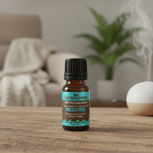 Meditate essential oil blend front view with the bottle sitting on a table with a diffuser on the right sitde with a chair and a plant in the background
