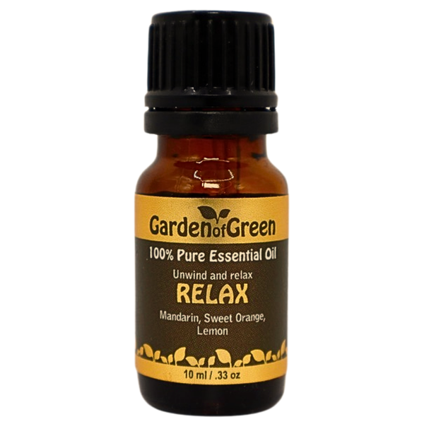 Relax garden of greens essential oil blend 10 ml front view with a white background
