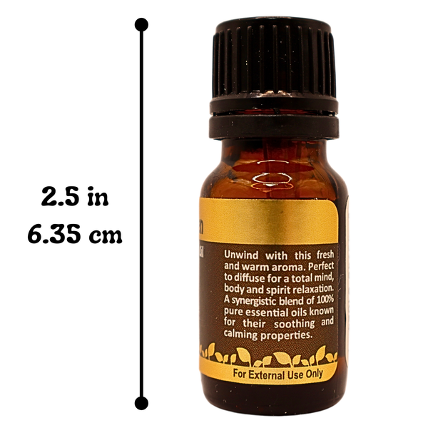 Relax essential oil blend 10 ml by garden of green. showing 2.5 inches high and 6.35 cm high.  unwind with this fresh and warm aroma. perfect to diffuse for a total mind, body and spirit relaxation. a synergistic blend of 100% pure essential oils known for their soothing and calming properties