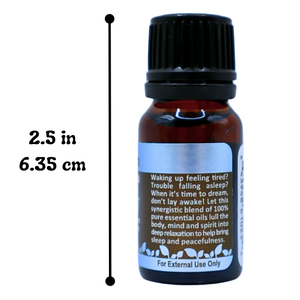 Sleep Tight essential oil blend side view showing 2.5 in high and 6.35 cm high with a white background. bottle says waking up feeling tired? trouble falling asleep? when it's time to dream, don't lay awake! let this synergistic blend of 100% pure essential oils lull the body, mind and spirit into deep relaxation to help bring sleep and peacefulness