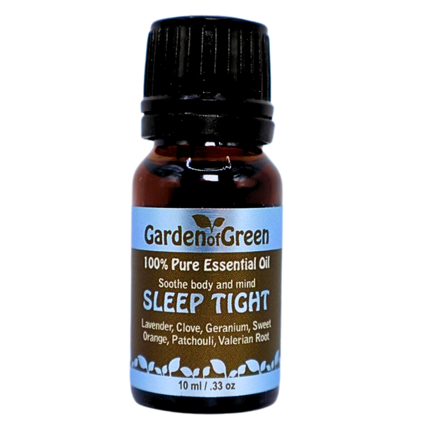 Sleep Tight 100% essential oil by garden of green 10 ml front view with a white background