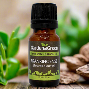 Frankincense Garden of green essential oil front view sitting on a wood table with a leaf on the lower left hand side. green background with sun shining through the top left.