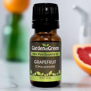 Grapefruit Garden of green essential oil Grapefruit essential oil sitting on the white kitchen table next to a sink with cut grapefruit in front of the essential bottle