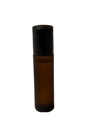 Immune essential oil roller blend with clove, lemon, cassia, eucalyptus, rosemary, and frankincense in glass bottle, white background