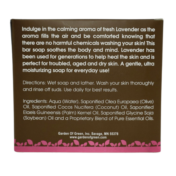 garden of green's lavender fields bar soap back view in dark brown box with pink foil on the bottom of box. all on a white background