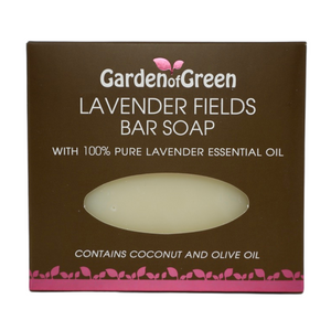 garden of green's lavender fields bar soap front view in dark brown box with pink foil on the bottom of box. all on a white background