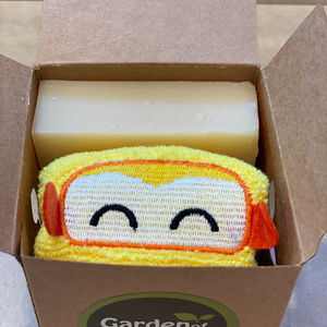 Lavender soap and washcloth, yellow car with smiley face design in a cardboard box, great for gifting