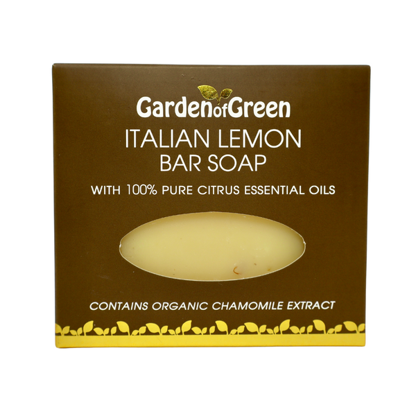 Garden of green's Italian Lemon Bar Soap front view in dark brown box with pretty gold foiled leaves on the bottom. on a white background  