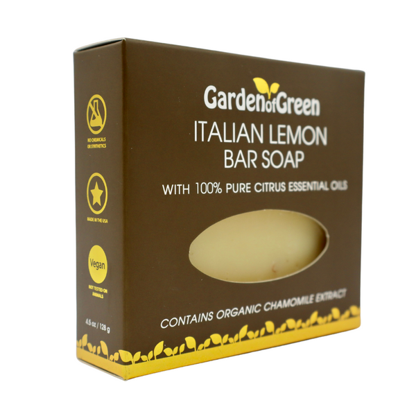 Garden of green's Italian Lemon Bar Soap side view in dark brown box with pretty gold foiled leaves on the bottom. on a white background