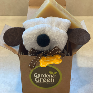 Lemon aromatherapy bar soap white plush dog washcloth. Dog has with brown ears and a black nose, in a brown box with 'Garden of Green' logo. great for gifting 