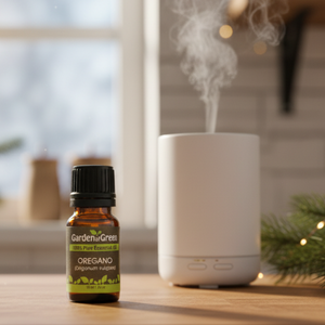 Oregano Garden of green essential oil front view sitting on a wood table in the kitchen in the winter with a diffuser on the right with white lights and greenery