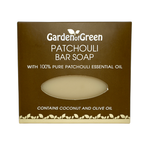 Garden of Green's Patchouli bar soap front view in a dark brown box with a tan foils with leaves on the bottom. on a white background