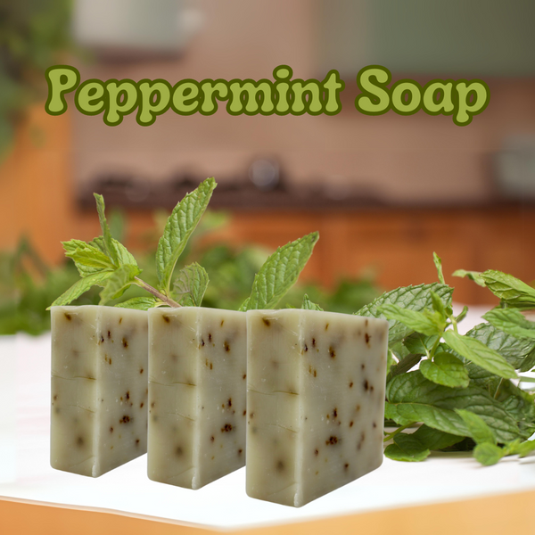 the title "peppermint soap" is at the top of the page with 3 bars of soap sitting on a white table with peppermint leaves and a kitchen in the background