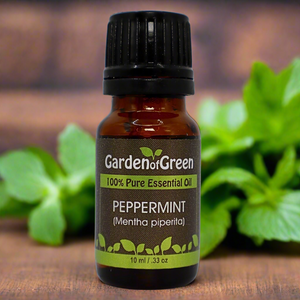 Peppermint essential oil in amber glass bottle, family-crafted aromatherapy oil, front view lifestyle view