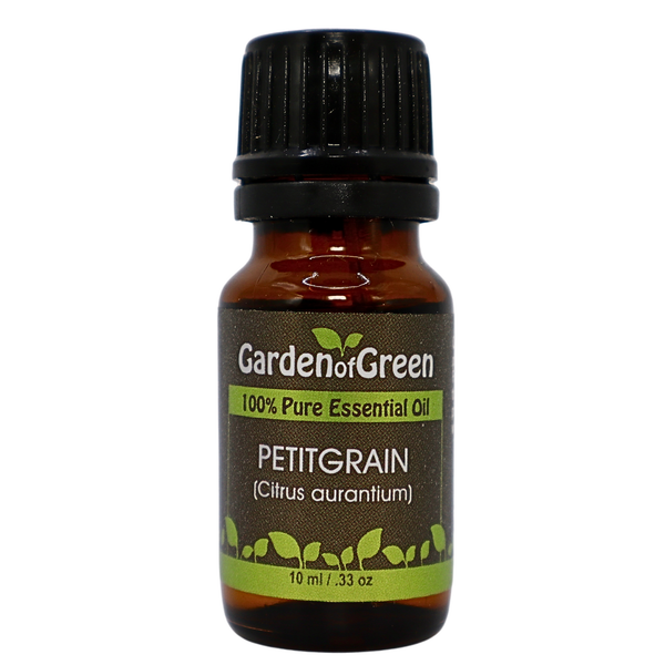 Petitgrain essential oil by garden of green 10 ml front view with a white background