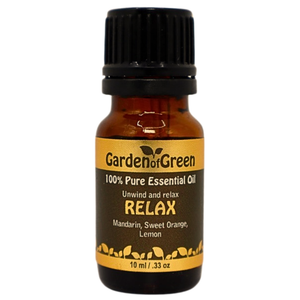 Relax essential oil with 100% pure mandarin, sweet orange, and lemon oils, luxury aromatherapy blend, white background