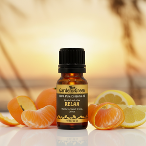 Relax essential oil with 100% pure mandarin, sweet orange, and lemon oils, luxury aromatherapy blend, sandy beach lifestyle background