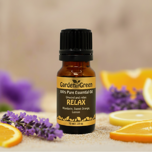 Relax essential oil with 100% pure mandarin, sweet orange, and lemon oils, luxury aromatherapy blend, lifestyle background