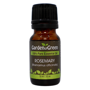 Rosemary essential oil 10 ml front view with a white background by garden of green