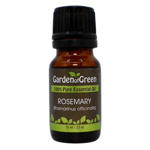 Rosemary essential oil in amber glass bottle, family-crafted aromatherapy oil, front view on white background