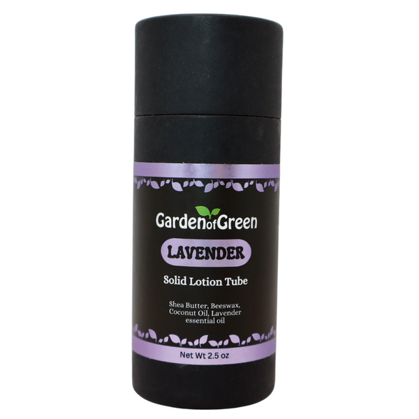 Garden of Green's Lavender solid lotion tube front view on a white background