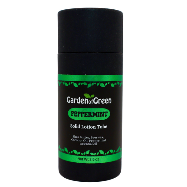 Garden of Green's peppermint solid lotion tube front view with a white background