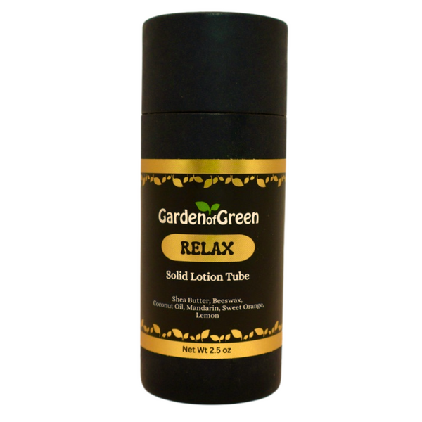 Garden of Green's Relax solid lotion tube front view with a white background