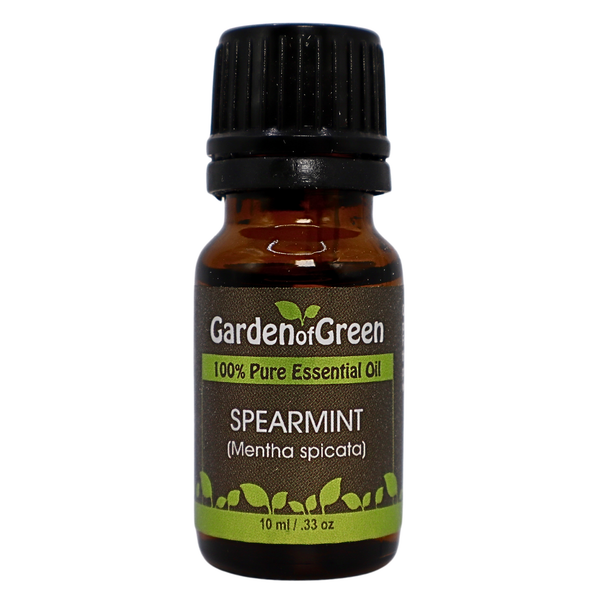 Spearint essential oil by garden of green 10 ml front view with a white background