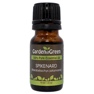 Spikenard essential oil in amber glass bottle, family-crafted aromatherapy oil, front view on white background