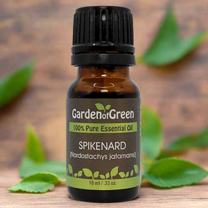 Spikenard essential oil front view sitting on a wood table with a leaf in the background. 