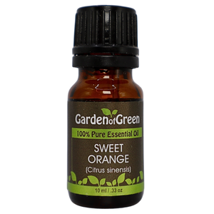 Sweet Orange essential oil 10 ml front view by garden of green with a white background