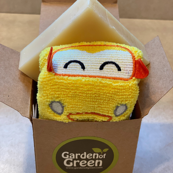 Kids Bath Gift Set – Red Car Washcloth + Lavender Soap (Eco-Friendly & Ready to Gift)