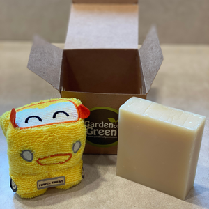 Kids Bath Gift Set – Yellow Car Washcloth + Lavender Soap (Eco-Friendly & Ready to Gift)