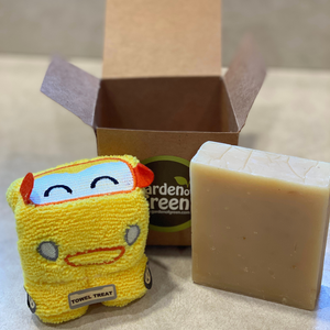 Kids Bath Gift Set – Yellow Car Washcloth + Lemon Soap (Eco-Friendly & Ready to Gift)