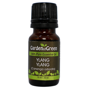 Ylang Ylang essential oil in amber glass bottle, family-crafted aromatherapy oil, front view on white background