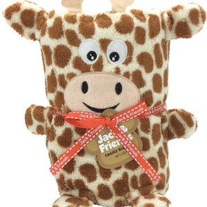 A plush giraffe blanket with a cute face and a red ribbon around its neck, resembling a stuffed toy.