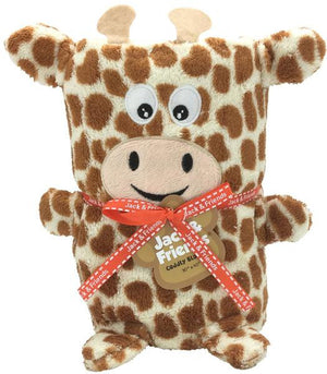 A plush giraffe blanket with a cute face and a red ribbon around its neck, resembling a stuffed toy.