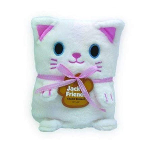 A plush white cat baby blanket with pink accents and a brown label that reads 'Jack and Friends Cuddly Animal.'