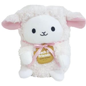 A plush white lamb blanket with pink inner ears and a pink ribbon around the neck, featuring a smiling face and a small velcro strap.