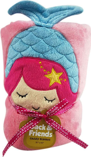 A colorful cuddly blanket with a mermaid design, featuring pink and blue hues with a star and the brand 'Jack & Friends' visible.