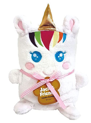 A white plush unicorn blanket with a colorful mane, pink ribbon, and a gold horn, featuring a 'Jack & Friends' tag.