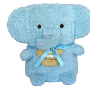 A plush blue elephant baby blanket with a friend tag around its neck.