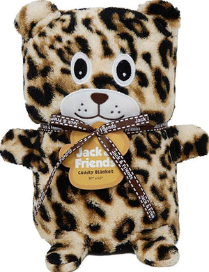 A leopard print cuddly animal blanket with a face and paws, tied with a ribbon and branded as 'Jack and Friends Cuddly Blanket'.