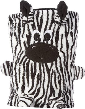 A zebra-patterned baby blanket with ears and a face printed on the corner, designed to be cuddly and soft.
